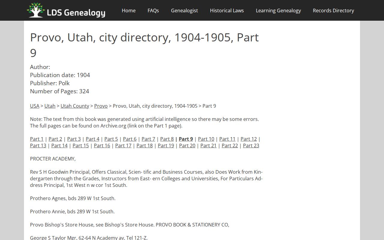 Digitized 1904 Provo city directory entry for the Provo residents directory
