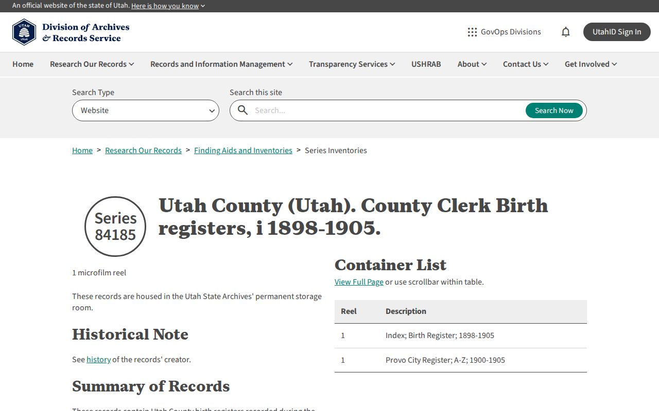 Utah Archives record series for Provo previous residents