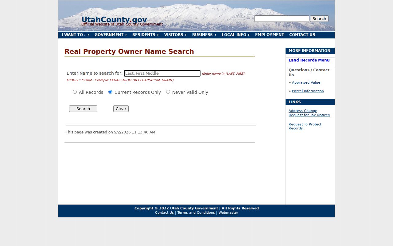 Utah County owner-name search for the Provo street directory